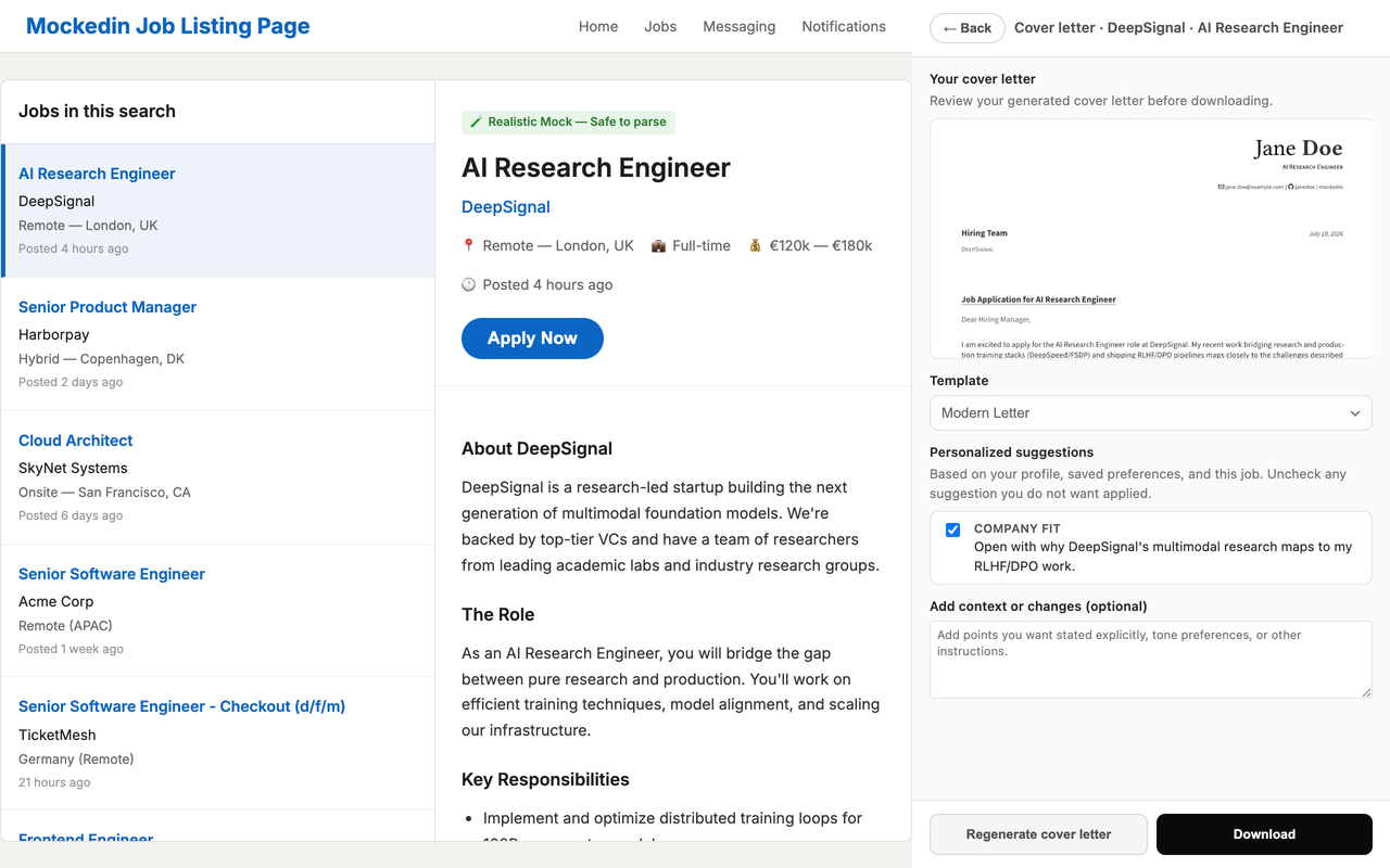 Easy-AIpply cover letter screen with a generated letter preview and download action