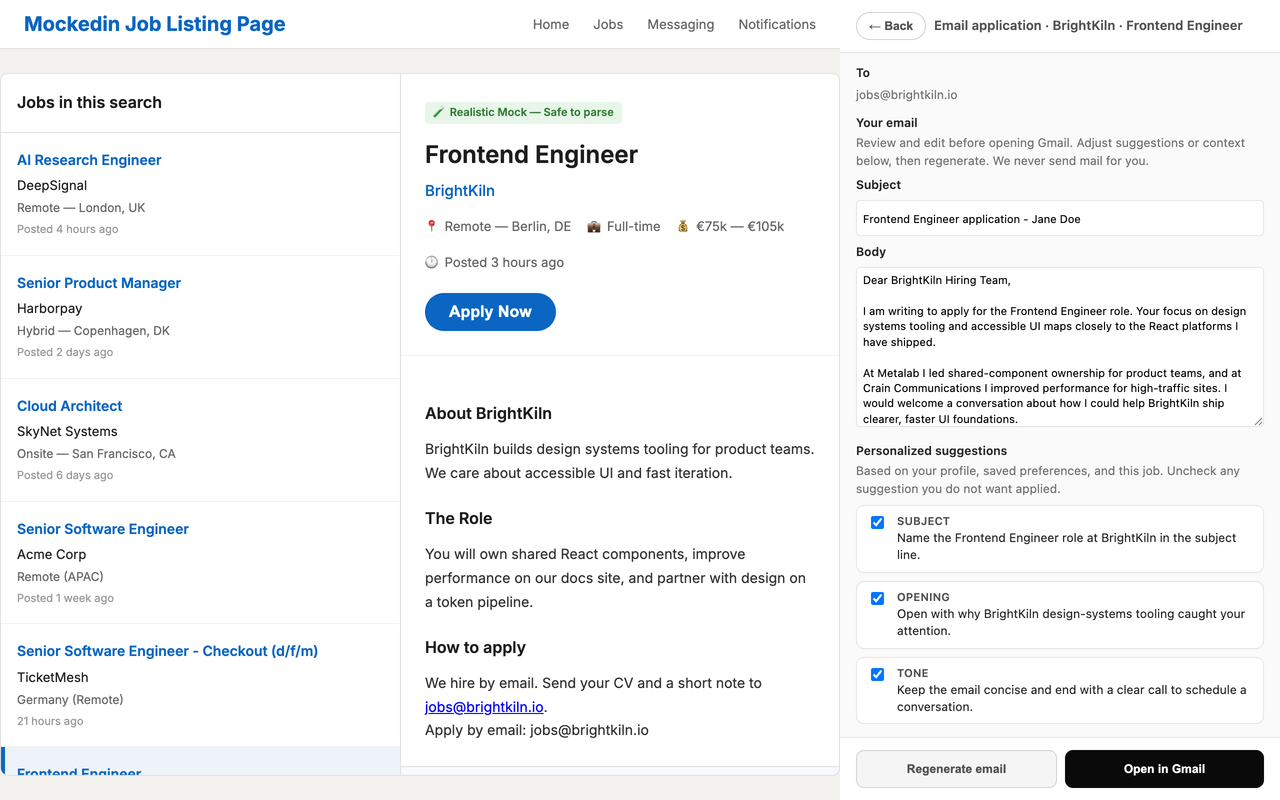 Easy-AIpply email prepare screen with subject, body preview, personalized suggestions, and Open in Gmail