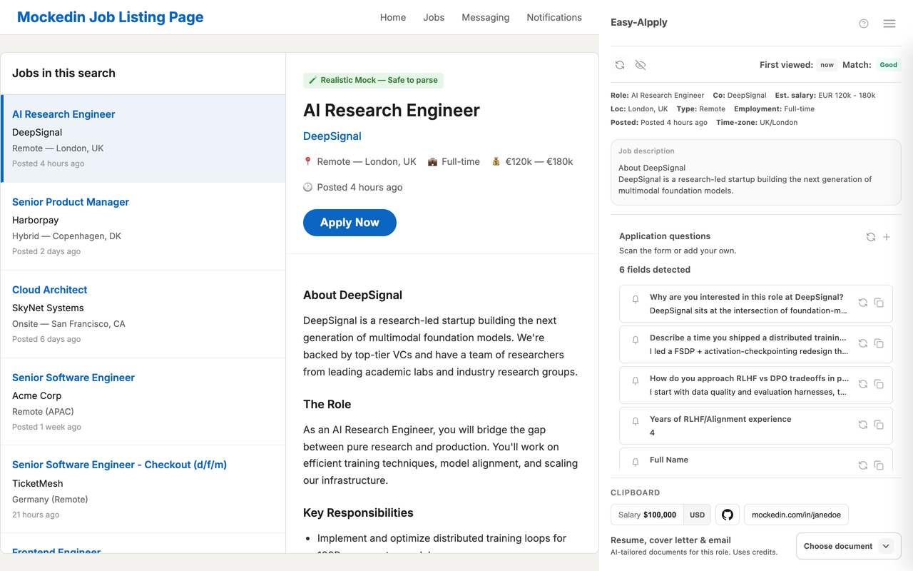 Easy-AIpply side panel showing a Good job match for an AI Research Engineer role and drafted application answers