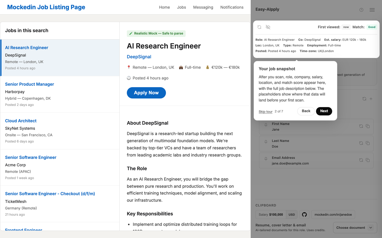 Easy-AIpply onboarding tour highlighting the job snapshot after scanning a listing