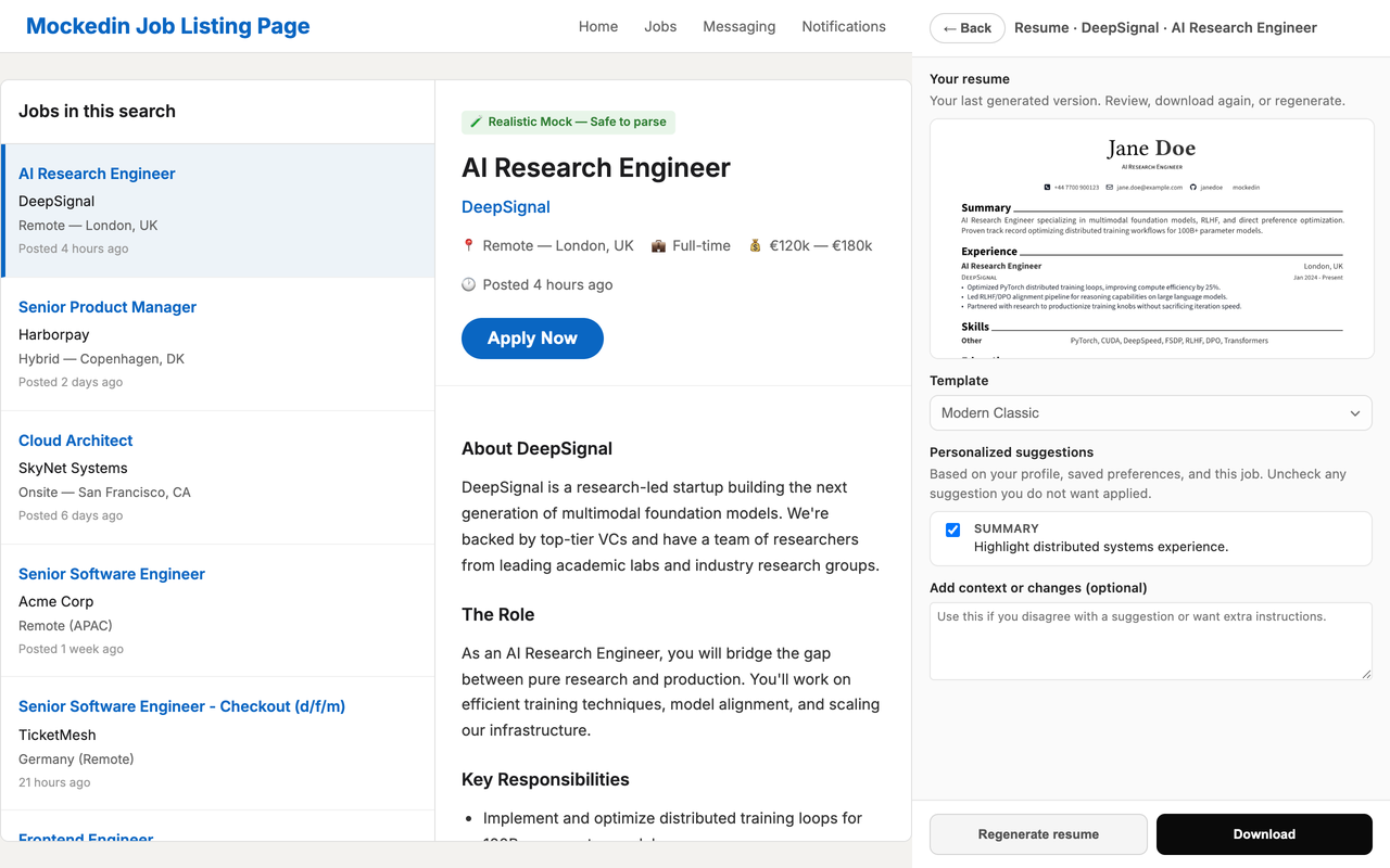 Easy-AIpply resume prepare screen with a visible tailored resume preview for DeepSignal